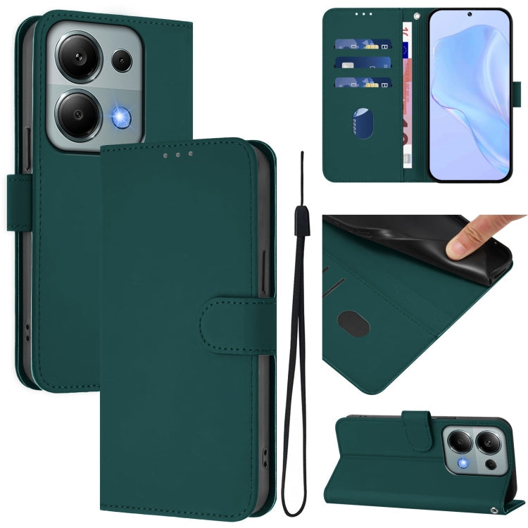 Skin Feel Solid Color Leather Phone Case with Lanyard, For Redmi Note 13 5G Global
