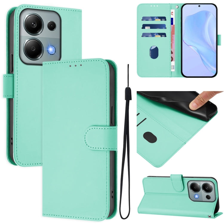 Skin Feel Solid Color Leather Phone Case with Lanyard, For Redmi Note 13 5G Global