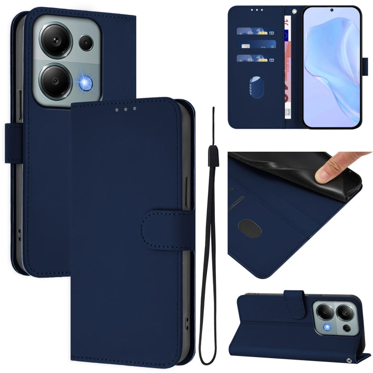 Skin Feel Solid Color Leather Phone Case with Lanyard, For Redmi Note 13 5G Global