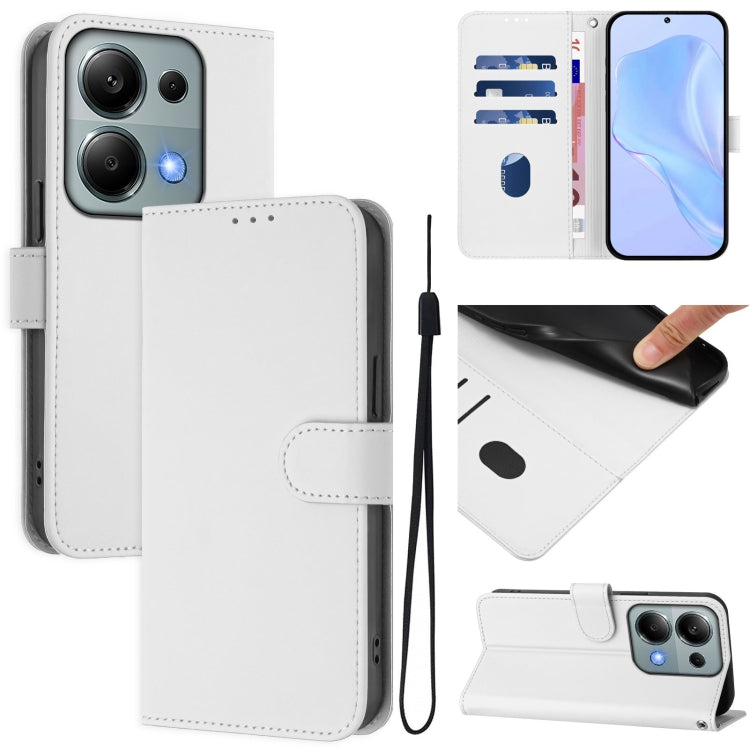 Skin Feel Solid Color Leather Phone Case with Lanyard, For Redmi Note 13 5G Global
