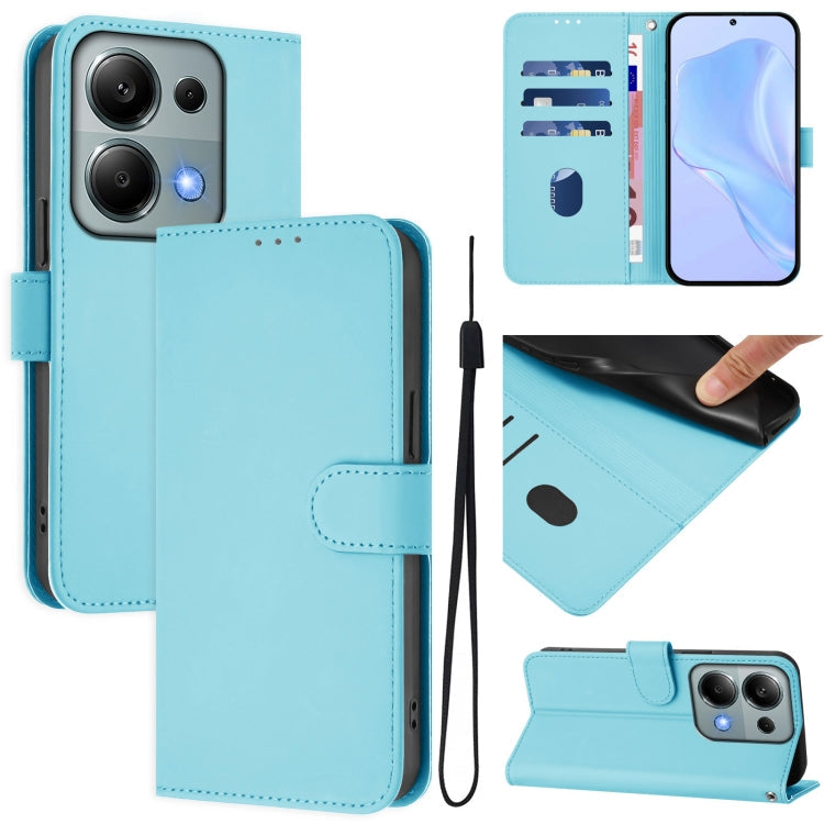 Skin Feel Solid Color Leather Phone Case with Lanyard, For Redmi Note 13 5G Global