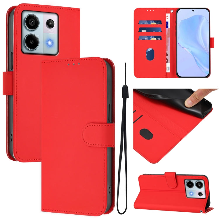 Skin Feel Solid Color Leather Phone Case with Lanyard, For Xiaomi Poco X6 5G Global