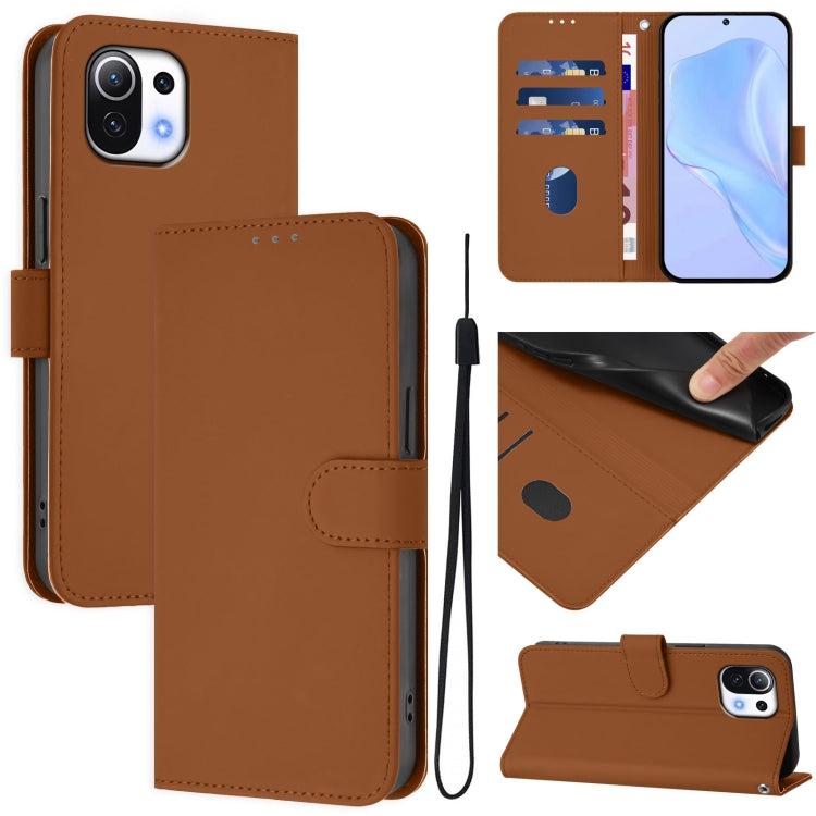 Skin Feel Solid Color Leather Phone Case with Lanyard, For Xiaomi Mi 11 Lite 5G
