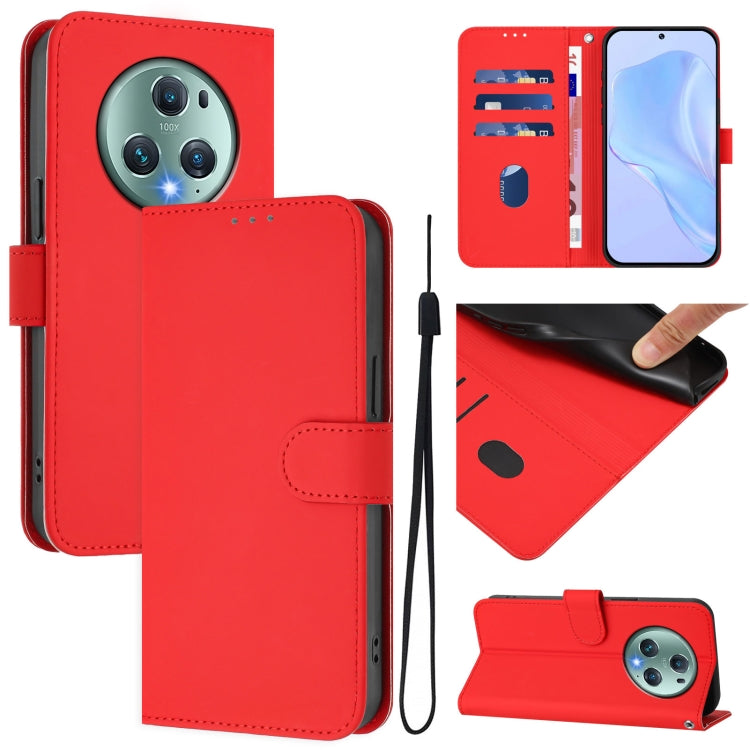 Skin Feel Solid Color Leather Phone Case with Lanyard, For Honor Magic5 Pro