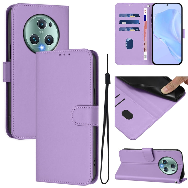 Skin Feel Solid Color Leather Phone Case with Lanyard, For Honor Magic5 Pro