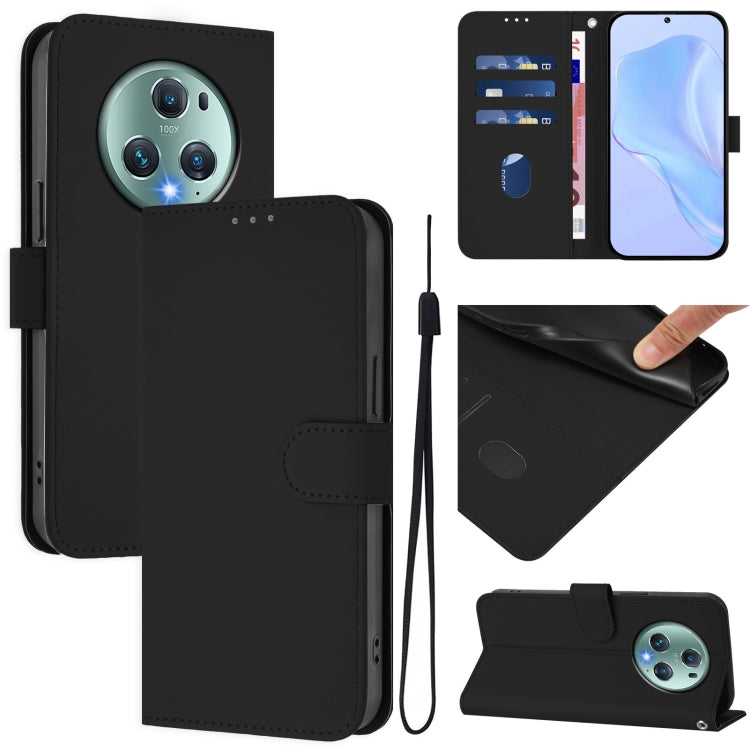 Skin Feel Solid Color Leather Phone Case with Lanyard, For Honor Magic5 Pro