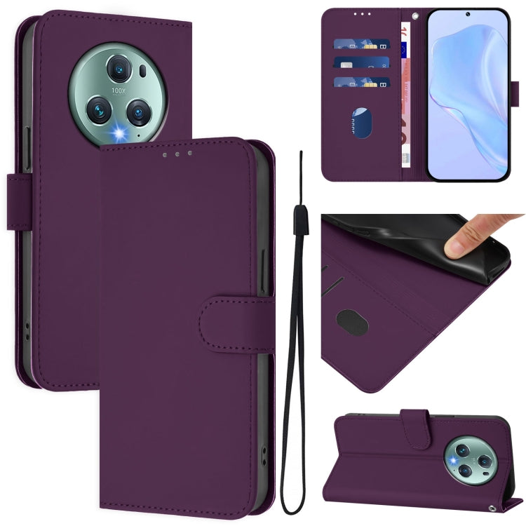Skin Feel Solid Color Leather Phone Case with Lanyard, For Honor Magic5 Pro