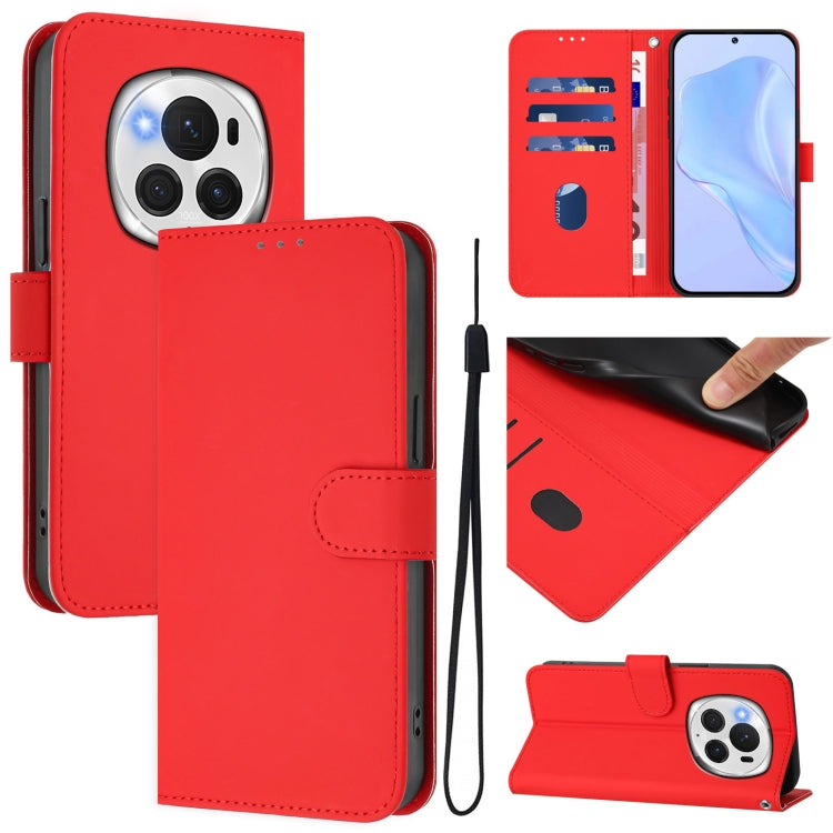 Skin Feel Solid Color Leather Phone Case with Lanyard, For Honor Magic6 Pro