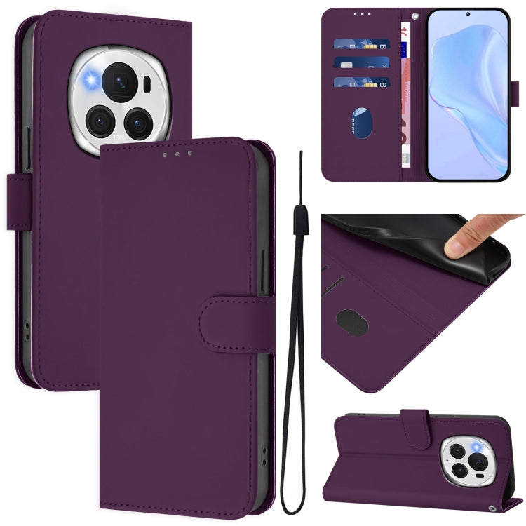 Skin Feel Solid Color Leather Phone Case with Lanyard, For Honor Magic6 Pro
