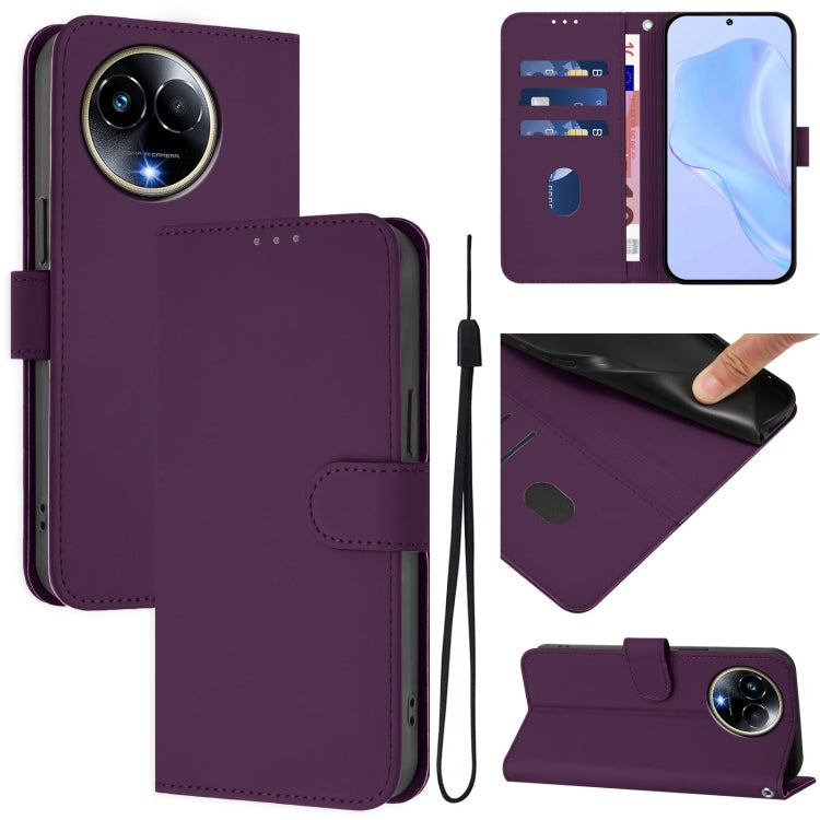 Skin Feel Solid Color Leather Phone Case with Lanyard, For Realme 11 5G Global