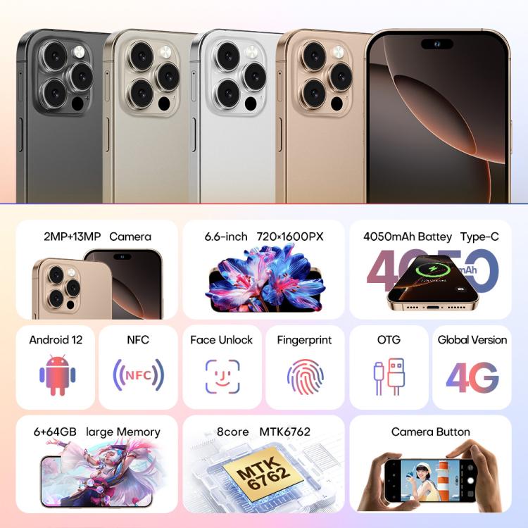 A88A / i16 Pro Max, 6GB+64GB, 6.6 inch Android 12 MTK6762 Helio G25 Octa Core, NFC, OTG, Network: 4G, Dual SIM, EU Plug, US Plug, UK Plug, AU Plug