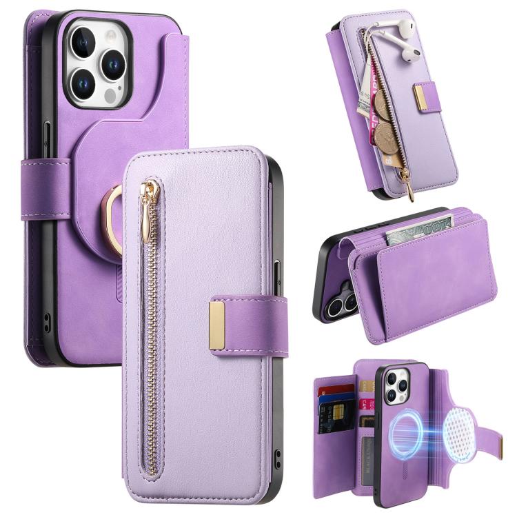 Ring Zipper Wallet RFID Blocking MagSafe Leather Phone Case, For iPhone 15 Pro, For iPhone 15 Plus, For iPhone 15
