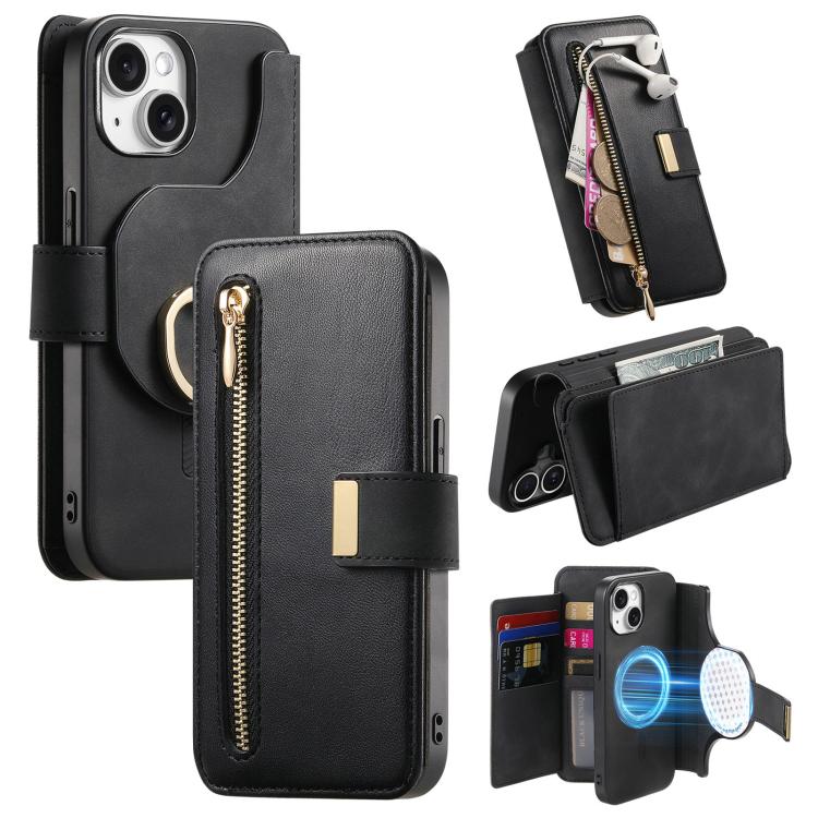 Ring Zipper Wallet RFID Blocking MagSafe Leather Phone Case, For iPhone 15 Pro, For iPhone 15 Plus, For iPhone 15