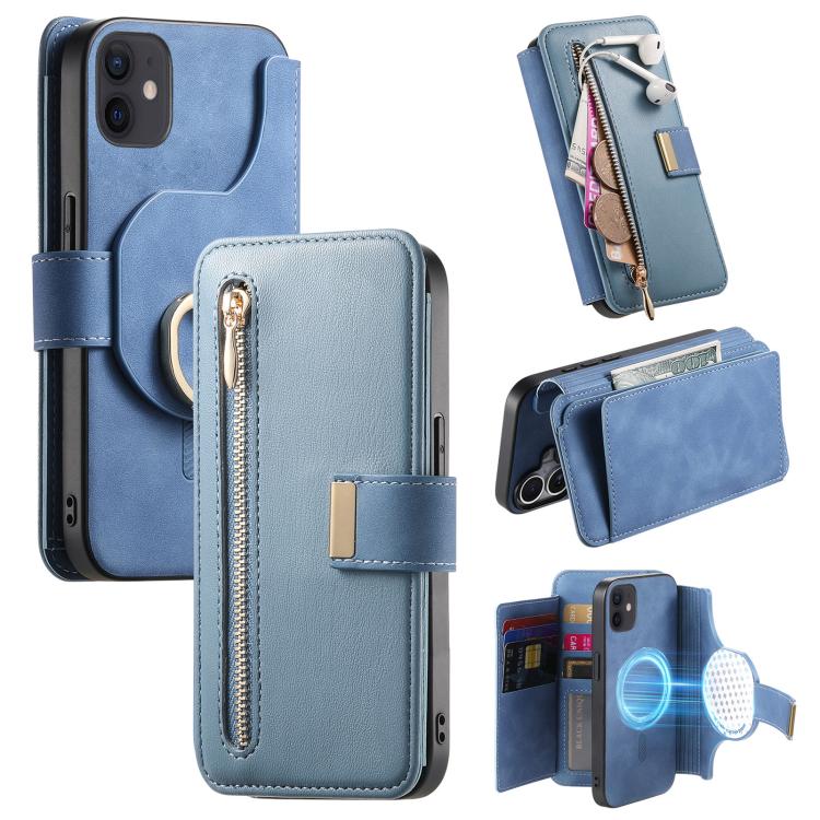 Ring Zipper Wallet RFID Blocking MagSafe Leather Phone Case, For iPhone 13, For iPhone 12 / 12 Pro, For iPhone 12 Pro Max