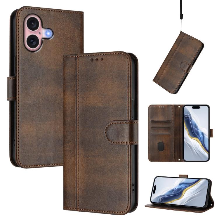 Line Splicing Buckle Retro Leather Phone Case, For iPhone 16 Pro, For iPhone 16 Plus, For iPhone 16