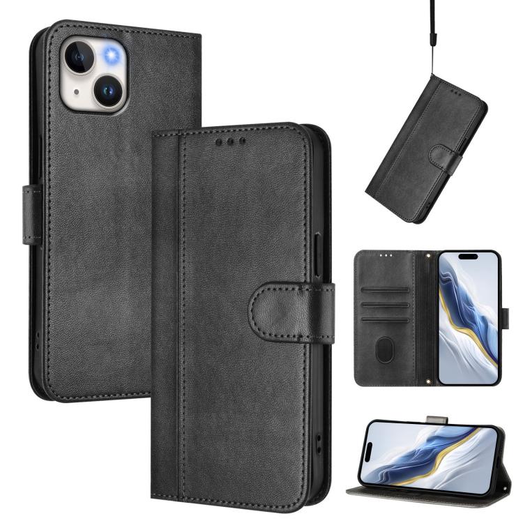Line Splicing Buckle Retro Leather Phone Case, For iPhone 15, For iPhone 14 Plus, For iPhone 14 / 13