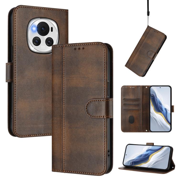 Line Splicing Buckle Retro Leather Phone Case, For Honor 200 Lite Global, For Honor Magic6 Pro, For Honor Magic6