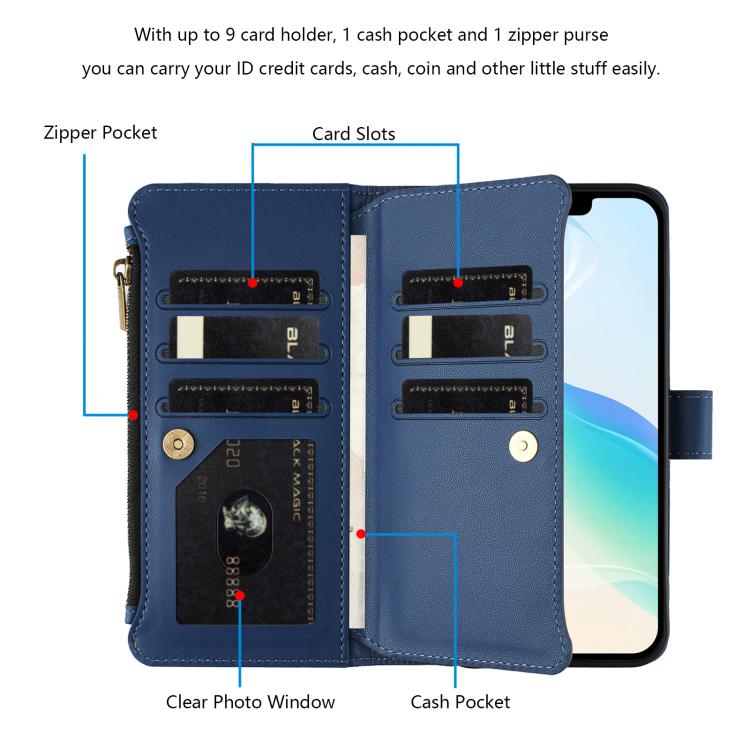 Magnetic Closure 9 Card Slots Zipper Leather Case with Hand Strap, For iPhone 17e / 16e, For iPhone 17 Pro Max, For iPhone 17 Pro, For iPhone 17