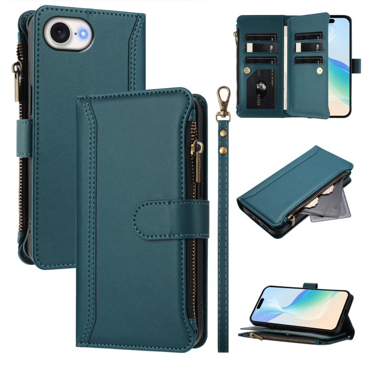 Magnetic Closure 9 Card Slots Zipper Leather Case with Hand Strap, For iPhone 17e / 16e, For iPhone 17 Pro Max, For iPhone 17 Pro, For iPhone 17