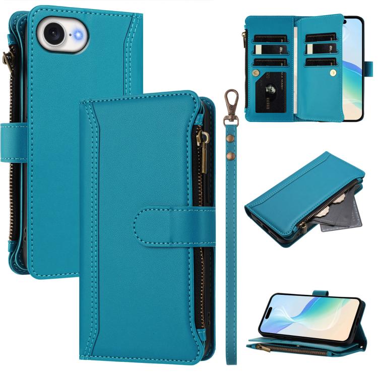 Magnetic Closure 9 Card Slots Zipper Leather Case with Hand Strap, For iPhone 17e / 16e, For iPhone 17 Pro Max, For iPhone 17 Pro, For iPhone 17