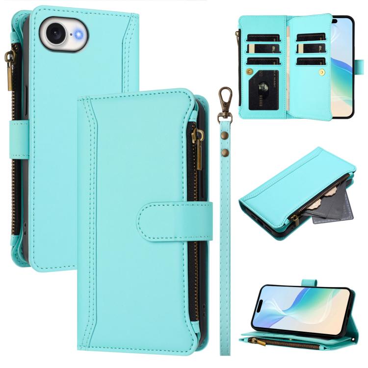 Magnetic Closure 9 Card Slots Zipper Leather Case with Hand Strap, For iPhone 17e / 16e, For iPhone 17 Pro Max, For iPhone 17 Pro, For iPhone 17