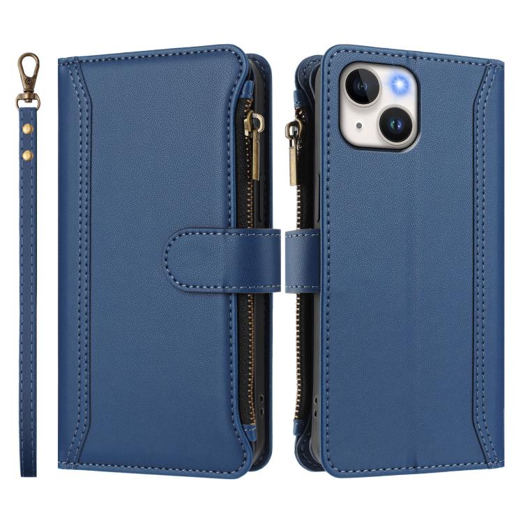 Magnetic Closure 9 Card Slots Zipper Leather Case with Hand Strap, For iPhone 15, For iPhone 14 Plus, For iPhone 14 / 13, For iPhone 14 Pro
