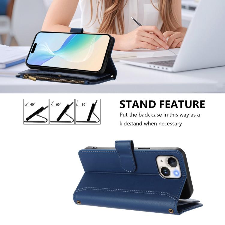 Magnetic Closure 9 Card Slots Zipper Leather Case with Hand Strap, For iPhone 15, For iPhone 14 Plus, For iPhone 14 / 13, For iPhone 14 Pro