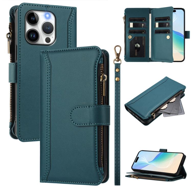 Magnetic Closure 9 Card Slots Zipper Leather Case with Hand Strap, For iPhone 15, For iPhone 14 Plus, For iPhone 14 / 13, For iPhone 14 Pro