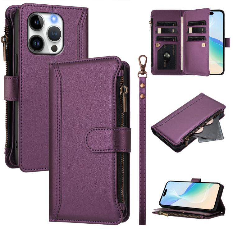 Magnetic Closure 9 Card Slots Zipper Leather Case with Hand Strap, For iPhone 15, For iPhone 14 Plus, For iPhone 14 / 13, For iPhone 14 Pro