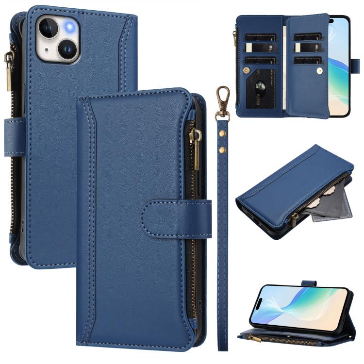 Magnetic Closure 9 Card Slots Zipper Leather Case with Hand Strap, For iPhone 15, For iPhone 14 Plus, For iPhone 14 / 13, For iPhone 14 Pro