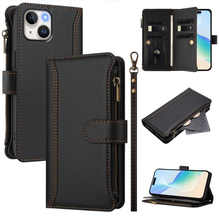 Magnetic Closure 9 Card Slots Zipper Leather Case with Hand Strap, For iPhone 15, For iPhone 14 Plus, For iPhone 14 / 13, For iPhone 14 Pro
