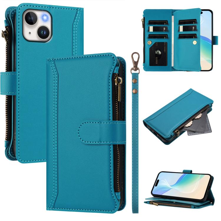 Magnetic Closure 9 Card Slots Zipper Leather Case with Hand Strap, For iPhone 15, For iPhone 14 Plus, For iPhone 14 / 13, For iPhone 14 Pro