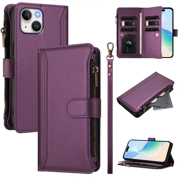 Magnetic Closure 9 Card Slots Zipper Leather Case with Hand Strap, For iPhone 15, For iPhone 14 Plus, For iPhone 14 / 13, For iPhone 14 Pro