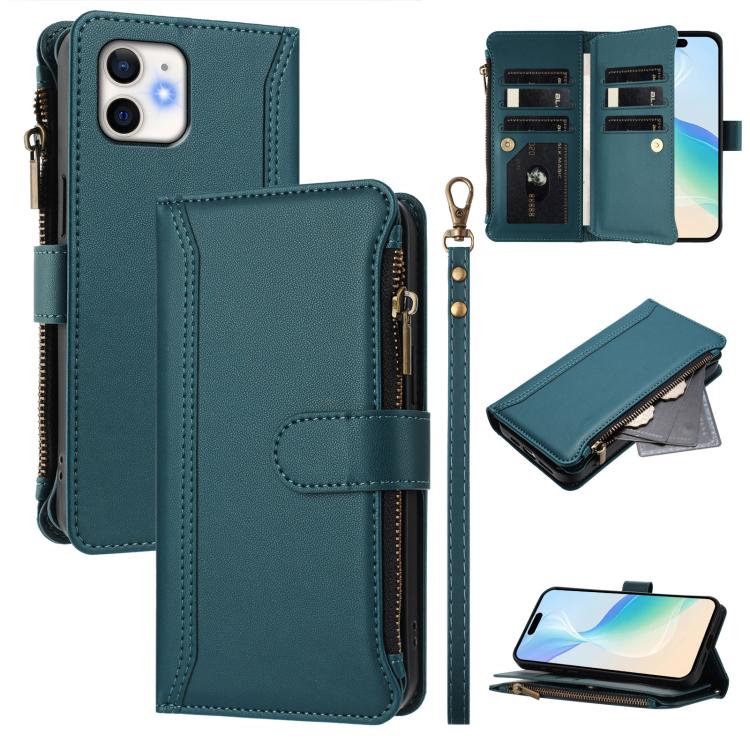 Magnetic Closure 9 Card Slots Zipper Leather Case with Hand Strap, For iPhone 13 mini, For iPhone 12 / 12 Pro, For iPhone 12 Pro Max, For iPhone 12 mini