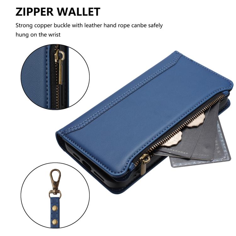 Magnetic Closure 9 Card Slots Zipper Leather Case with Hand Strap, For iPhone 13 mini, For iPhone 12 / 12 Pro, For iPhone 12 Pro Max, For iPhone 12 mini