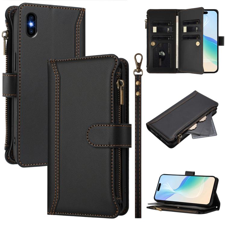 Magnetic Closure 9 Card Slots Zipper Leather Case with Hand Strap, For iPhone XR, For iPhone XS Max, For iPhone 8 Plus / 7 Plus