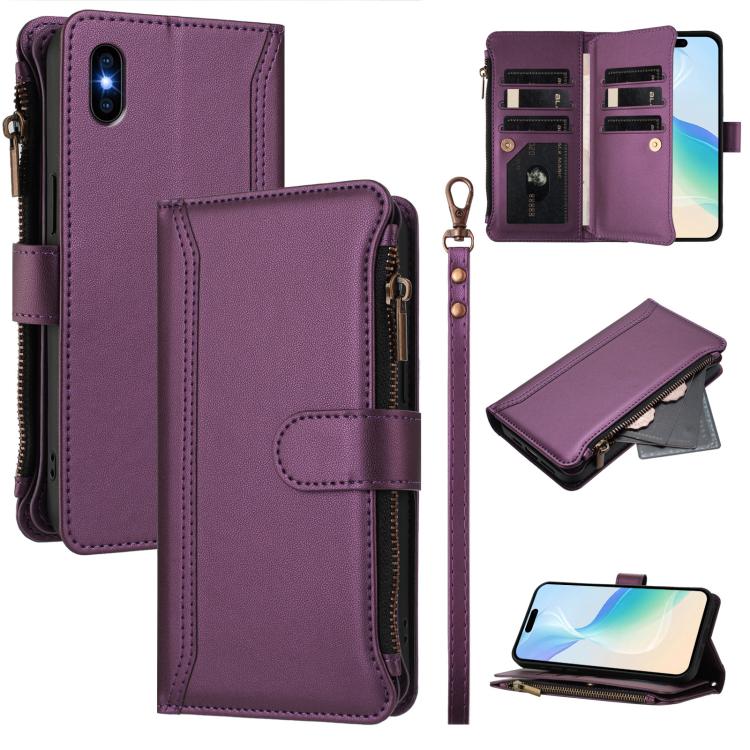 Magnetic Closure 9 Card Slots Zipper Leather Case with Hand Strap, For iPhone XR, For iPhone XS Max, For iPhone 8 Plus / 7 Plus