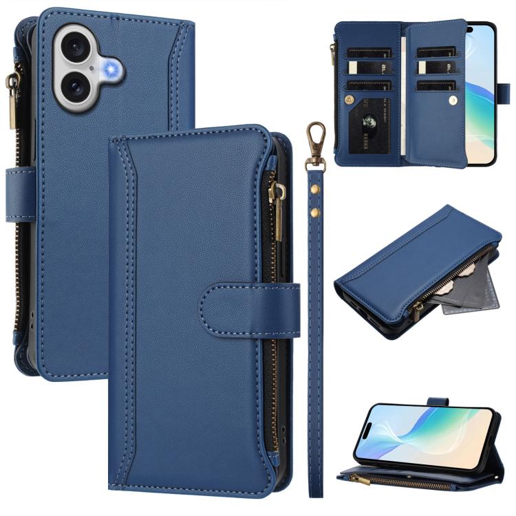 Magnetic Closure 9 Card Slots Zipper Leather Case with Hand Strap, For iPhone 17e / 16e, For iPhone 17 Pro Max, For iPhone 17 Pro, For iPhone 17