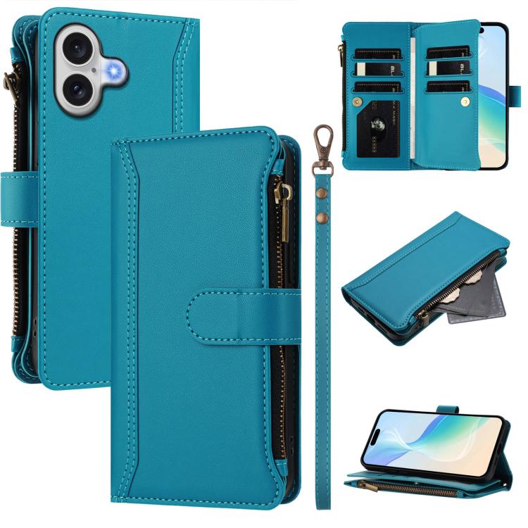 Magnetic Closure 9 Card Slots Zipper Leather Case with Hand Strap, For iPhone 17e / 16e, For iPhone 17 Pro Max, For iPhone 17 Pro, For iPhone 17