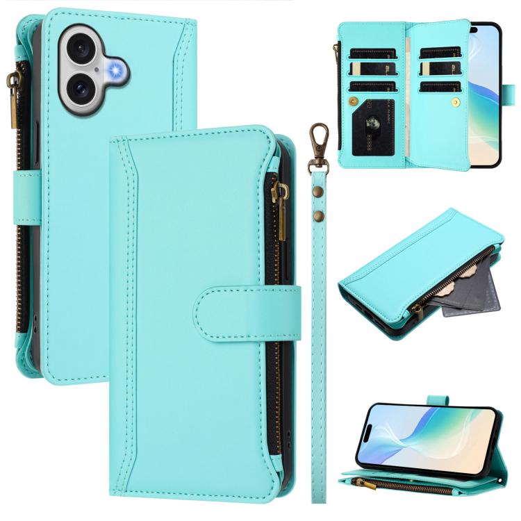 Magnetic Closure 9 Card Slots Zipper Leather Case with Hand Strap, For iPhone 17e / 16e, For iPhone 17 Pro Max, For iPhone 17 Pro, For iPhone 17
