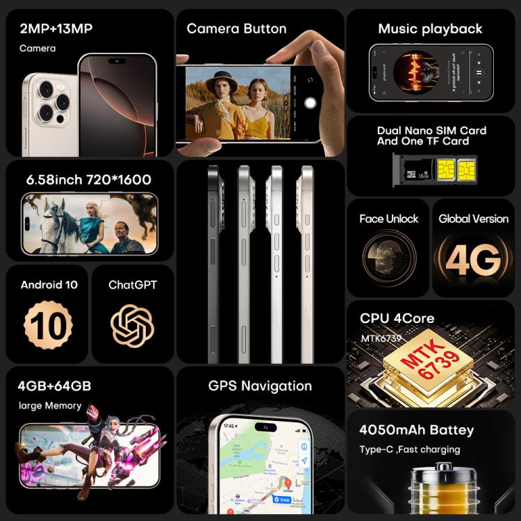 I16 Pro Max / PDQ6, 4GB+64GB, 6.58 inch Android 10 MTK6739 Quad Core, Network: 4G, Dual SIM, EU Plug, US Plug, UK Plug, AU Plug