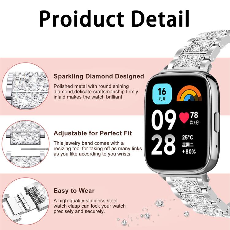 xDfind Diamond Jewelry Stainless Steel Watch Band, For Xiaomi Band 9 Pro / Redmi Watch 6 / 5, For Xiaomi Smart Band 10 / 9 / 8 / NFC 14mm, For Redmi Watch 3 Active / Lite 20mm, For Redmi Watch 3 20mm