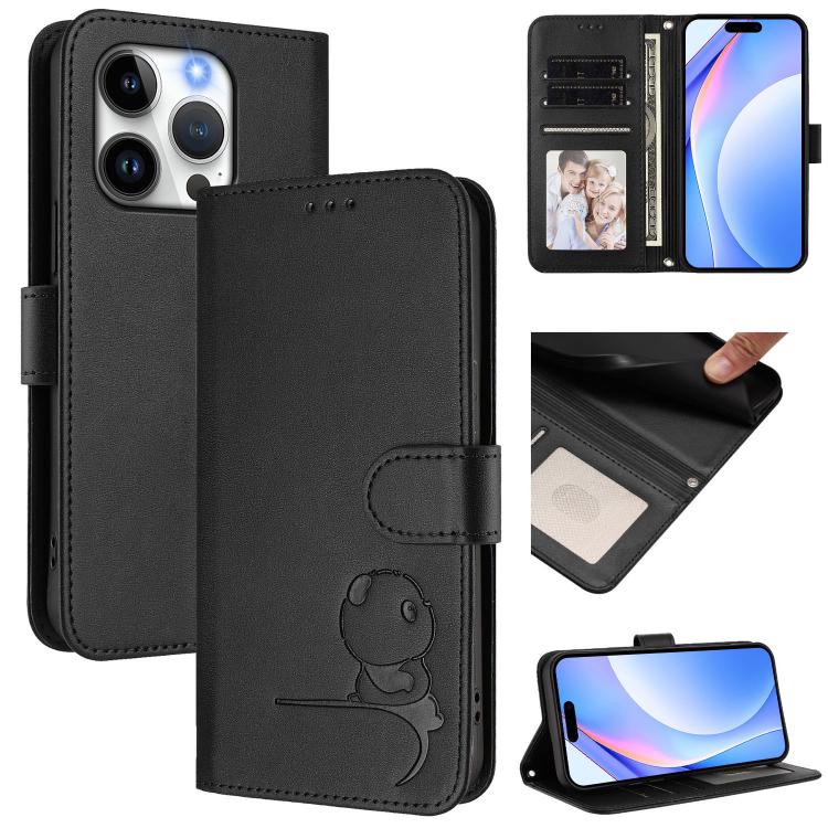 Litter Panda Embossing RFID Leather Phone Case with Lanyard, For iPhone 15, For iPhone 14 Plus, For iPhone 14 / 13, For iPhone 14 Pro