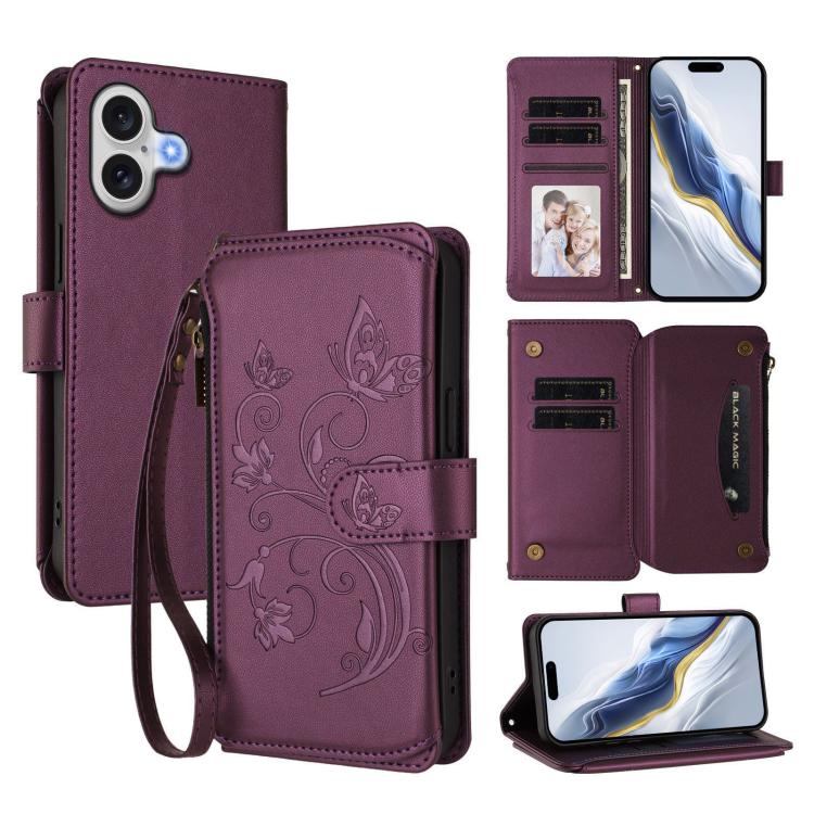 Butterfly Love Flower Multi-card Zipper Wallet Leather Phone Case, For iPhone 17, For iPhone Air, For iPhone 16 Pro Max