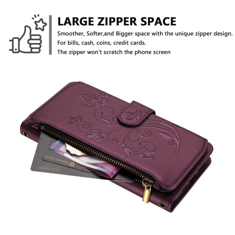 Butterfly Love Flower Multi-card Zipper Wallet Leather Phone Case, For iPhone 17, For iPhone Air, For iPhone 16 Pro Max
