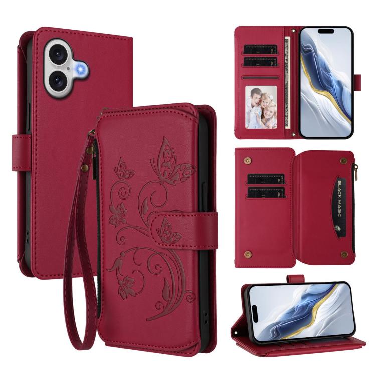 Butterfly Love Flower Multi-card Zipper Wallet Leather Phone Case, For iPhone 17, For iPhone Air, For iPhone 16 Pro Max