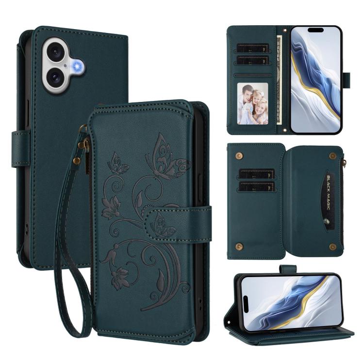 Butterfly Love Flower Multi-card Zipper Wallet Leather Phone Case, For iPhone 17, For iPhone Air, For iPhone 16 Pro Max