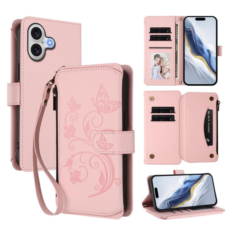 Butterfly Love Flower Multi-card Zipper Wallet Leather Phone Case, For iPhone 17, For iPhone Air, For iPhone 16 Pro Max