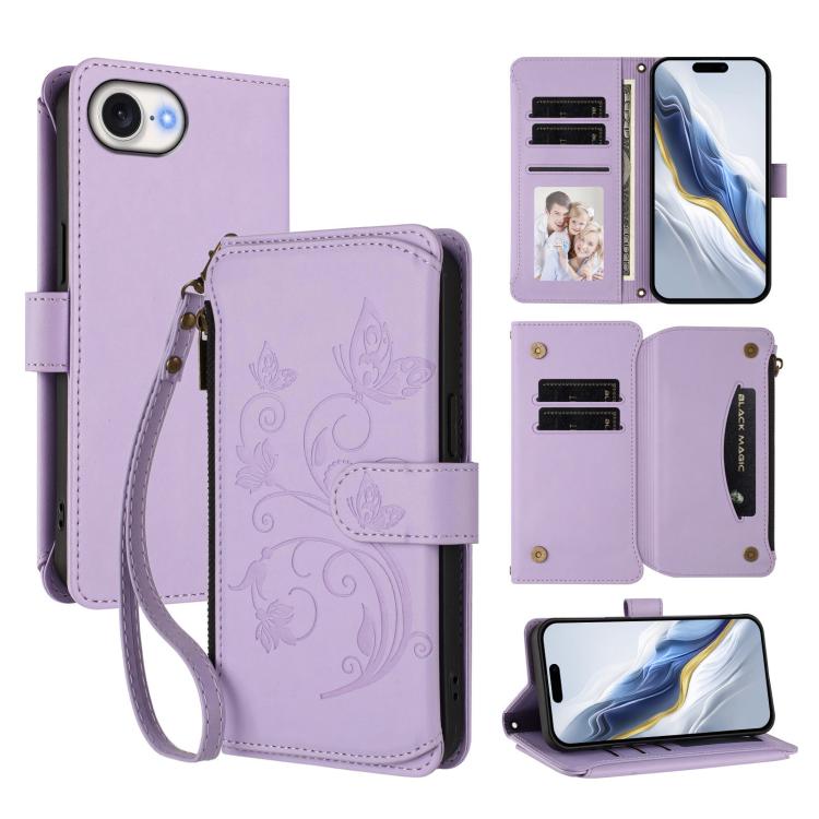 Butterfly Love Flower Multi-card Zipper Wallet Leather Phone Case, For iPhone 17e / 16e, For iPhone 17 Pro Max, For iPhone 17 Pro