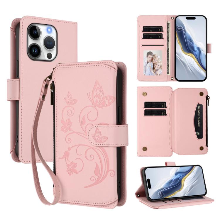 Butterfly Love Flower Multi-card Zipper Wallet Leather Phone Case, For iPhone 17, For iPhone Air, For iPhone 16 Pro Max